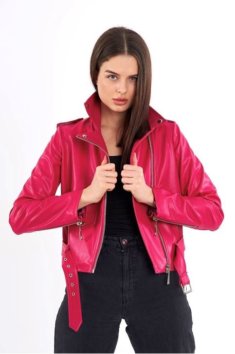 İçi Renk Astarlı Fermuar Detaylı Deri Mont-Fuşya