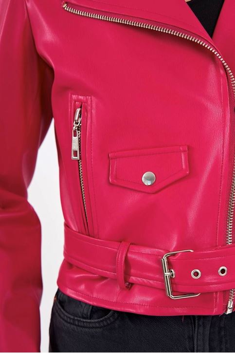 İçi Renk Astarlı Fermuar Detaylı Deri Mont-Fuşya