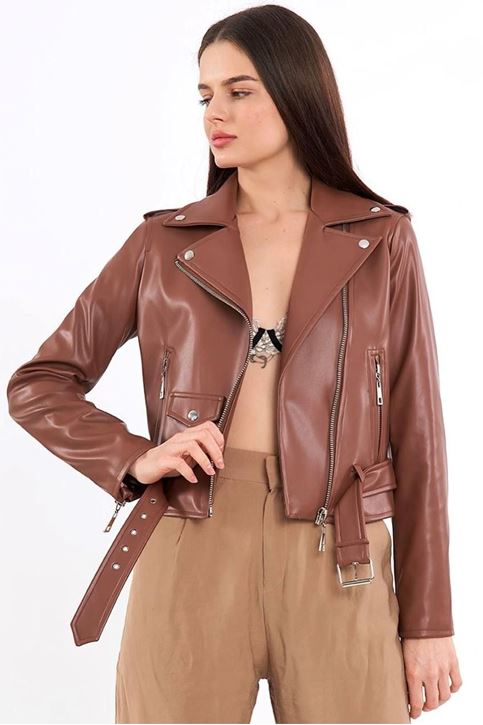 İçi Renk Astarlı Fermuar Detaylı Deri Mont-Taba