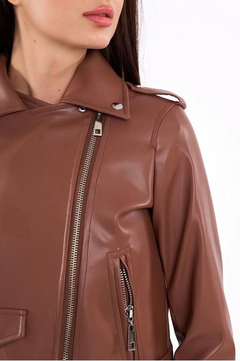 İçi Renk Astarlı Fermuar Detaylı Deri Mont-Taba