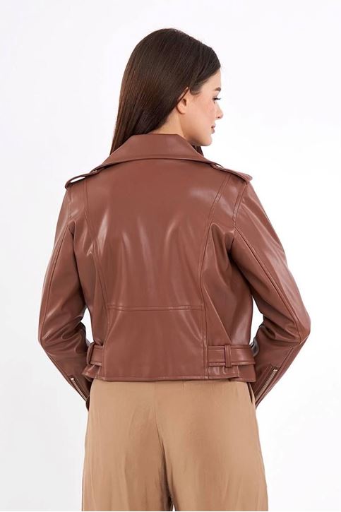 İçi Renk Astarlı Fermuar Detaylı Deri Mont-Taba