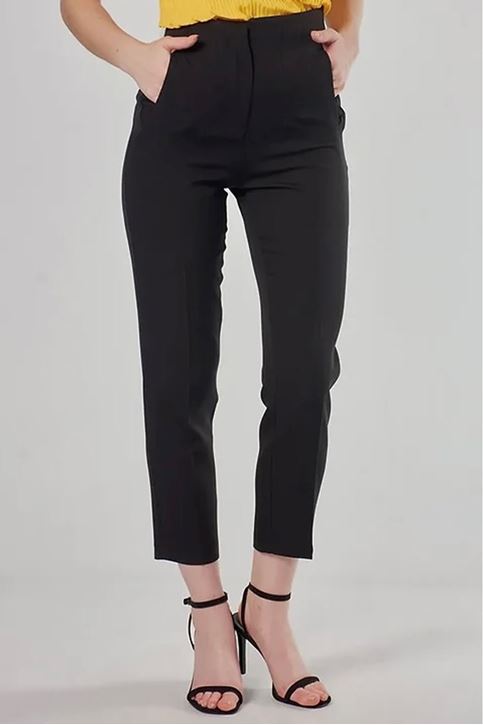 Bel Dikiş Detaylı Kumaş Pantolon-Siyah
