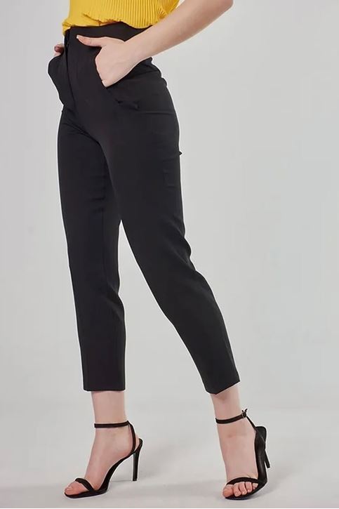 Bel Dikiş Detaylı Kumaş Pantolon-Siyah