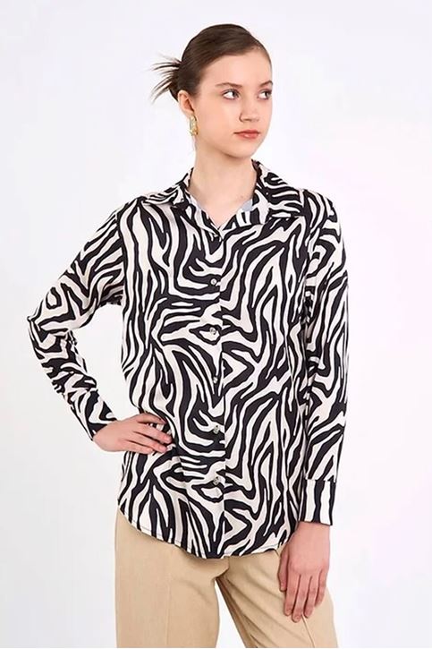 Zebra Desenli Saten Gömlek-Siyah Beyaz