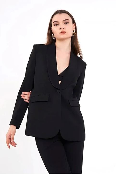 Tek Düğmeli Vatkalı Blazer Ceket-Siyah