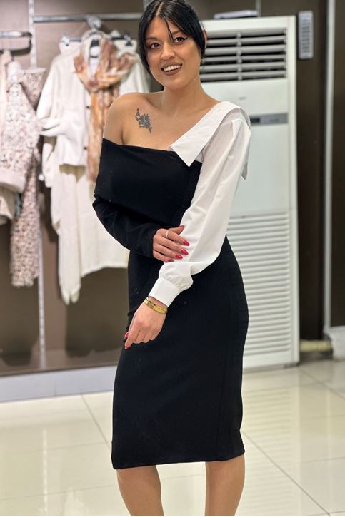 Kayık Yaka Gömlek Detaylı Çift Renkli Elbise-Siyah Beyaz