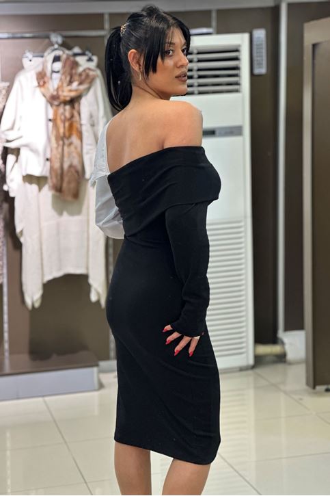 Kayık Yaka Gömlek Detaylı Çift Renkli Elbise-Siyah Beyaz