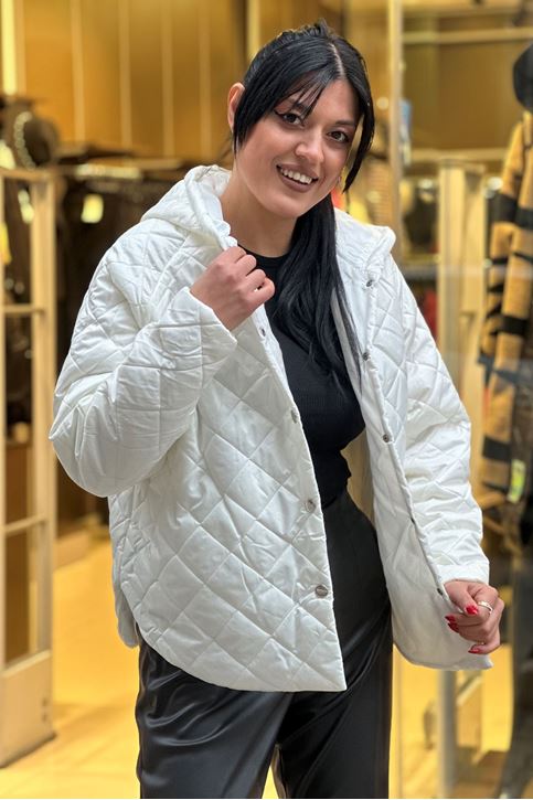 Yanları Oval Kapitone Çıtçıtlı Mont-Beyaz