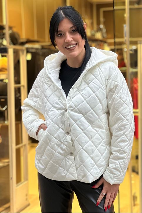 Yanları Oval Kapitone Çıtçıtlı Mont-Beyaz