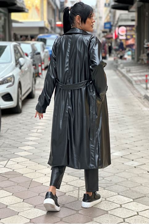 Uzun Arkası Yırtmaçlı Deri Trenç-Siyah