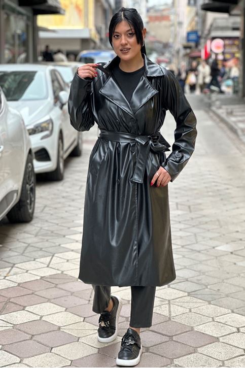 Uzun Arkası Yırtmaçlı Deri Trenç-Siyah