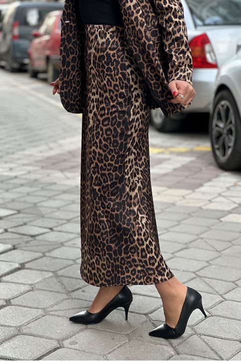 Leopar Desen Çan Saten Etek-Kahve