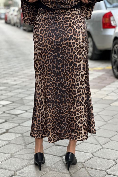 Leopar Desen Çan Saten Etek-Kahve