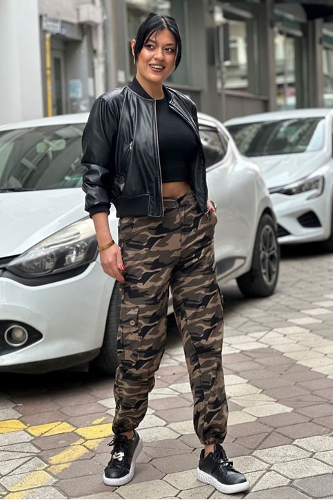 Paçası Ayarlanabilir Arka Bel Lastikli Kamuflaj Pantolon-Haki