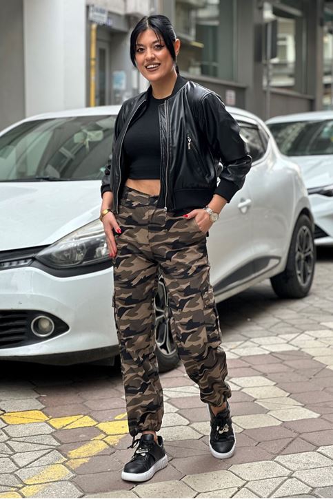 Paçası Ayarlanabilir Arka Bel Lastikli Kamuflaj Pantolon-Haki