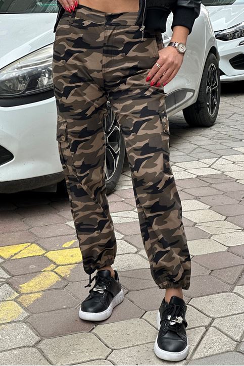 Paçası Ayarlanabilir Arka Bel Lastikli Kamuflaj Pantolon-Haki