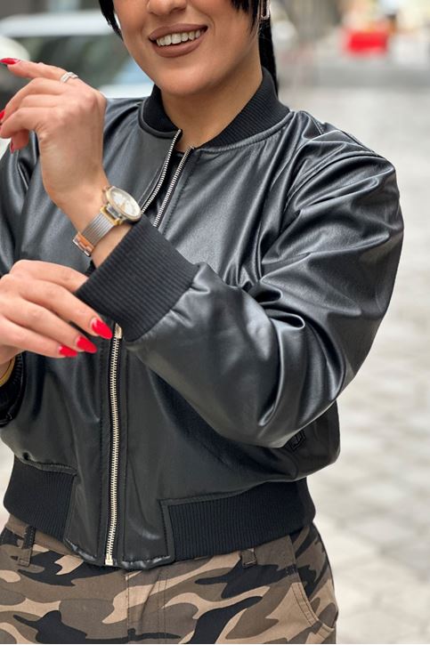 İçi Astarlı Kısa Bomber Deri Fermuarlı Ceket-Siyah