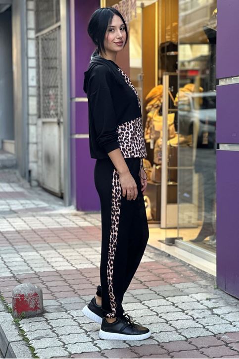 Yaka Düğme Leopar Desenli İkili Takım-Siyah