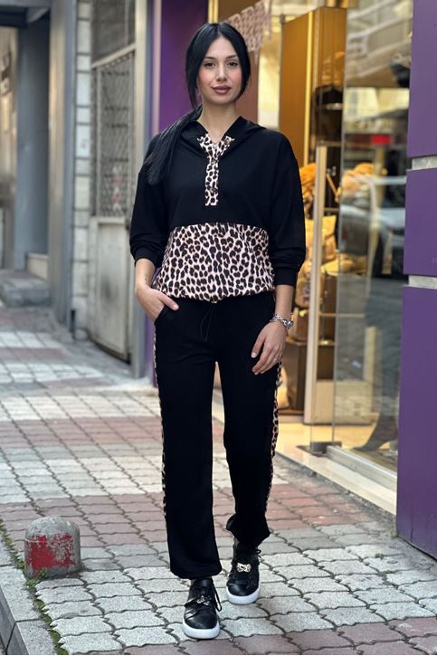Yaka Düğme Leopar Desenli İkili Takım-Siyah