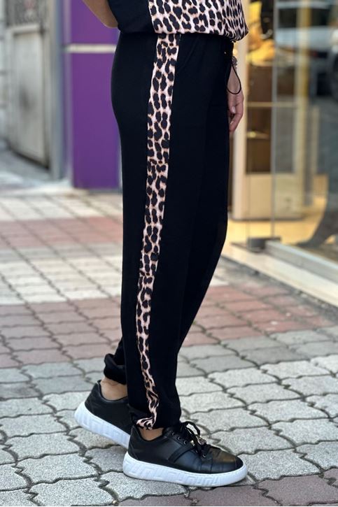 Yaka Düğme Leopar Desenli İkili Takım-Siyah