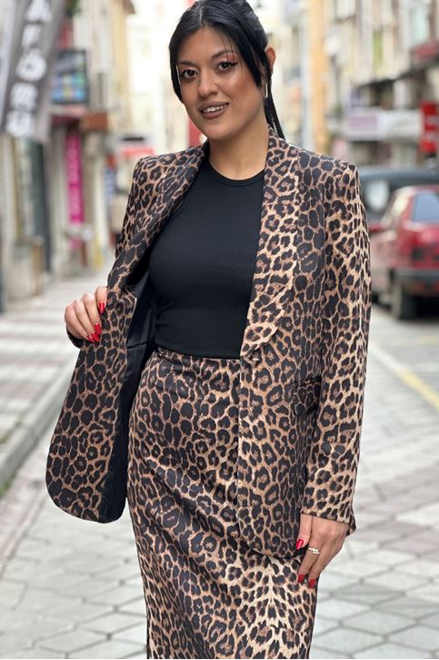 Tek Düğmeli Vatkalı Leopar Desen Blazer Ceket-Kahve