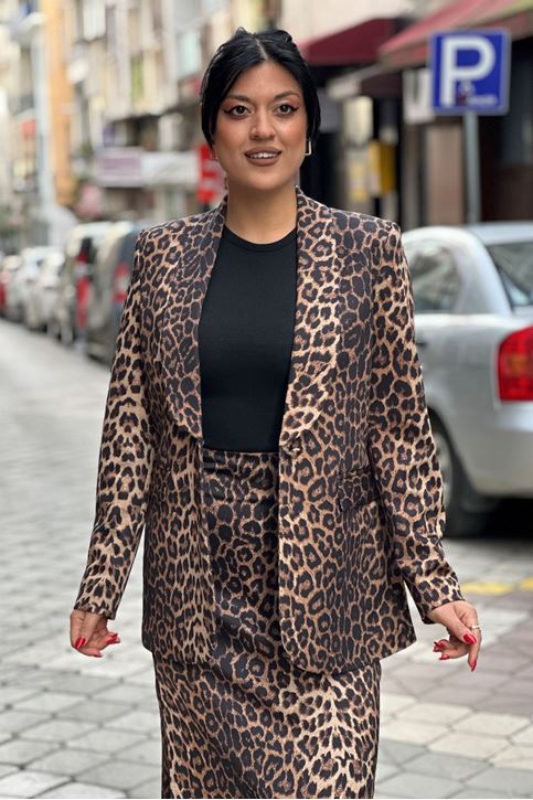 Tek Düğmeli Vatkalı Leopar Desen Blazer Ceket-Kahve