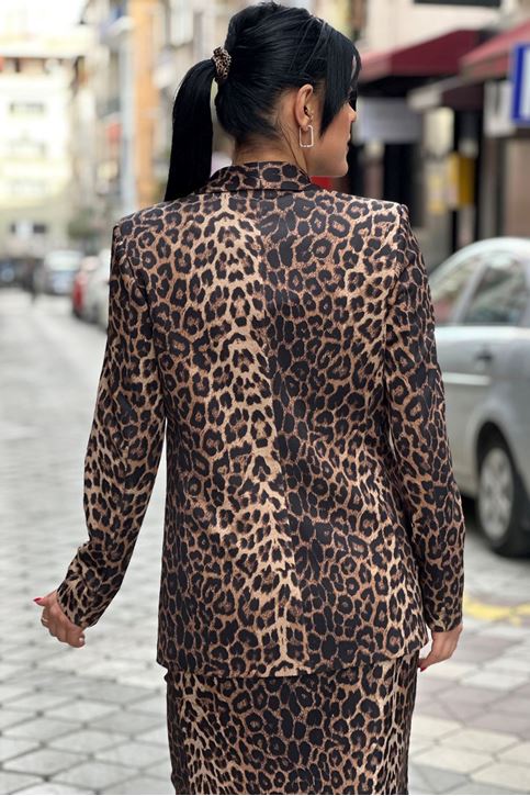 Tek Düğmeli Vatkalı Leopar Desen Blazer Ceket-Kahve