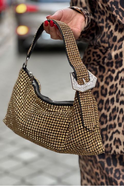 Portfoy Tamamı Taşlı Kemer Askı Detaylı Çanta-gold