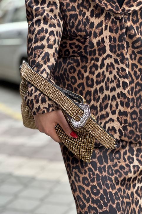 Portfoy Tamamı Taşlı Kemer Askı Detaylı Çanta-gold