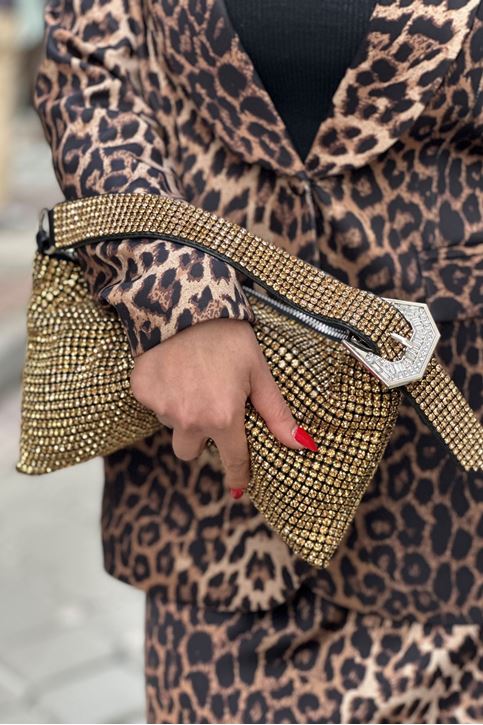 Portfoy Tamamı Taşlı Kemer Askı Detaylı Çanta-gold