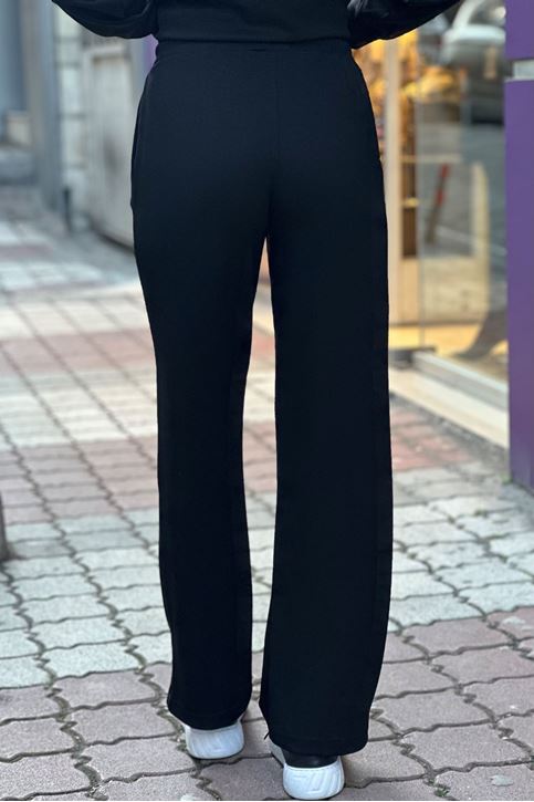 Ön Çımalı Beli Lastikli Geniş Paça Pantolon-Siyah