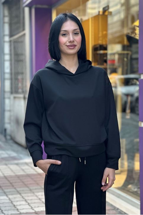 Kapşonlu Düz Salaş Sweat-Siyah