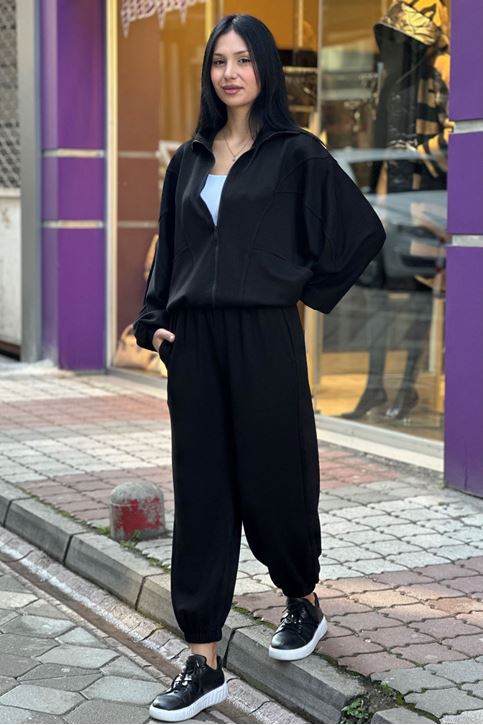 Salaş Dik Yaka Likralı İkili Eşofman Takım-Siyah