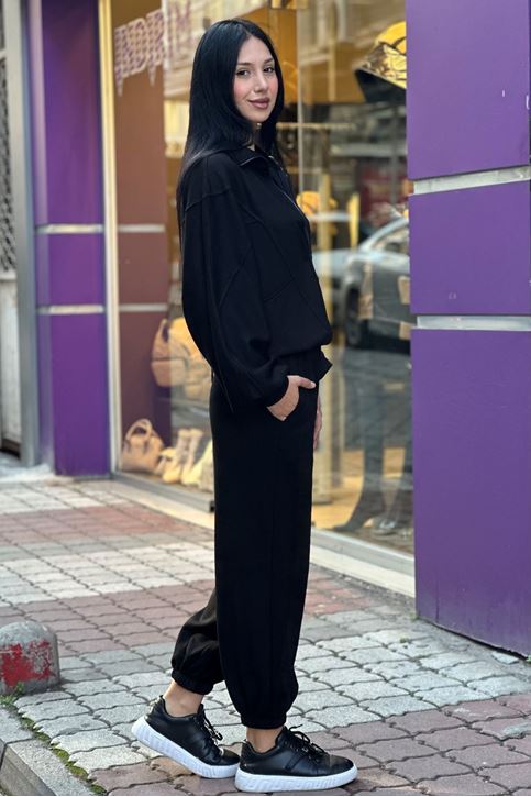 Salaş Dik Yaka Likralı İkili Eşofman Takım-Siyah