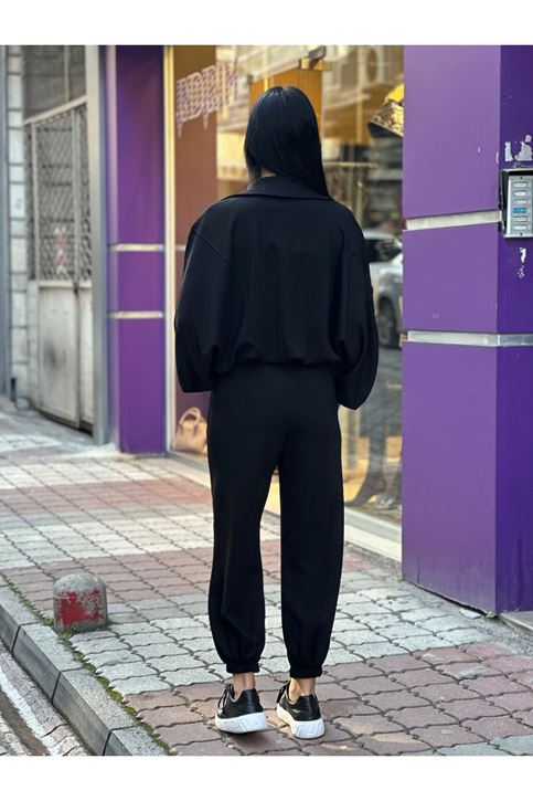 Salaş Dik Yaka Likralı İkili Eşofman Takım-Siyah