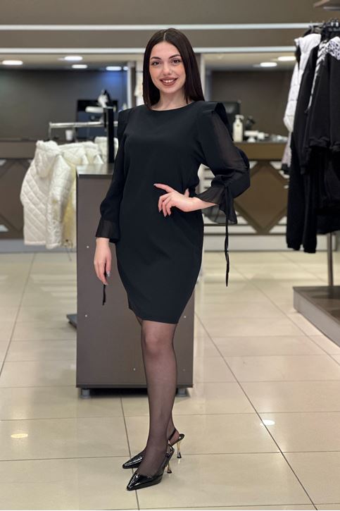 Omuz Tül Detay Yuvarlak Yaka Elbise-Siyah