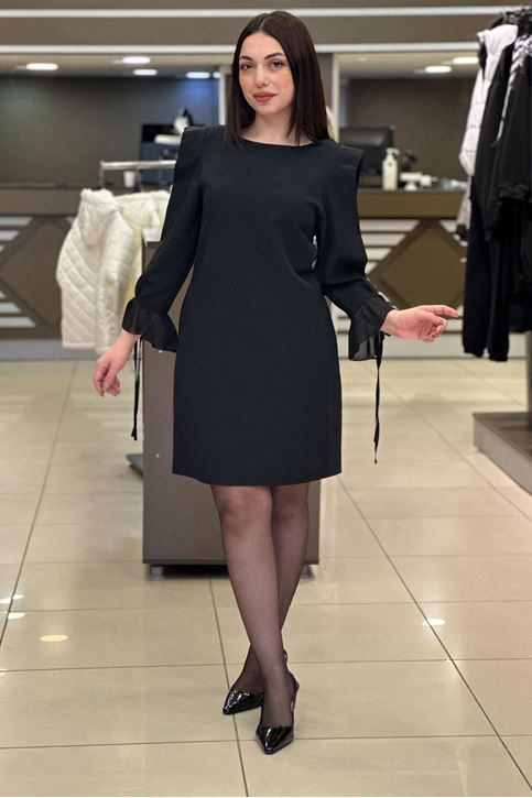 Omuz Tül Detay Yuvarlak Yaka Elbise-Siyah