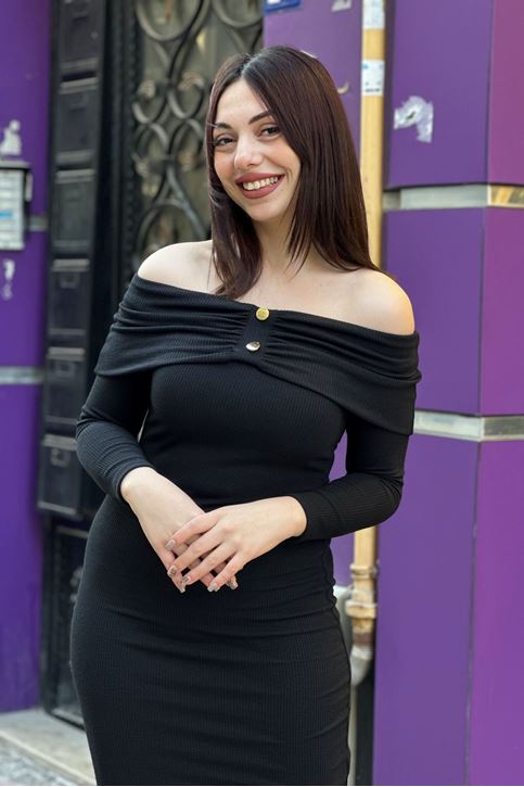 Madonna Yaka Düğme Detay Fitilli Doku Midi Boy Elbise-Siyah