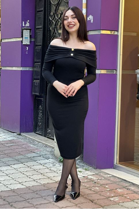 Madonna Yaka Düğme Detay Fitilli Doku Midi Boy Elbise-Siyah