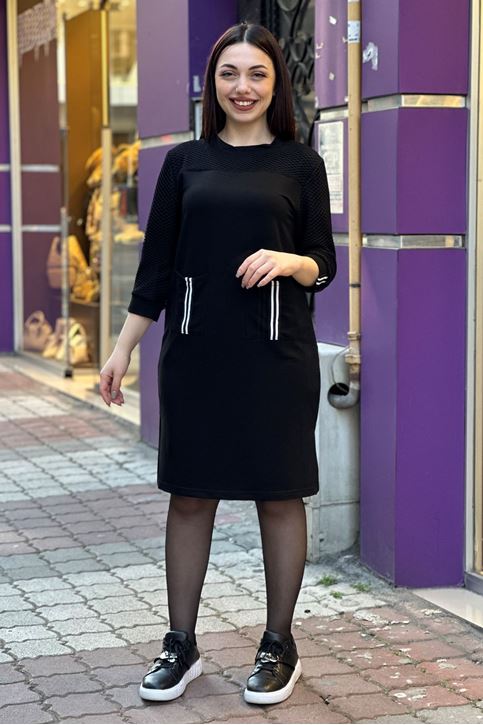 File Detaylı Cepli Biyeli Sweat Elbise-Siyah