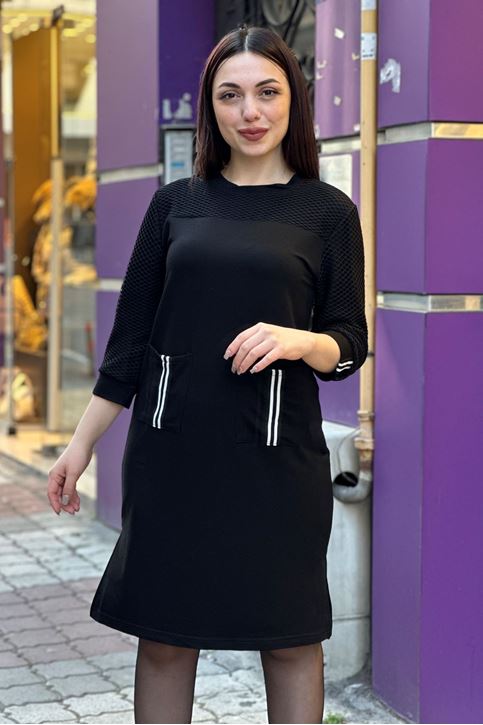 File Detaylı Cepli Biyeli Sweat Elbise-Siyah