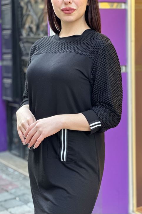 File Detaylı Cepli Biyeli Sweat Elbise-Siyah