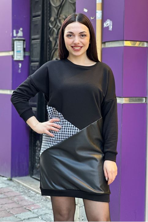 Kazayağı Deri Şeritli Sweat Elbise-Siyah