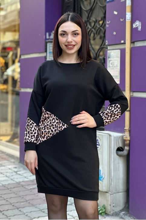 Leopar Şerit Desenli Salaş Sweat Elbise-Siyah