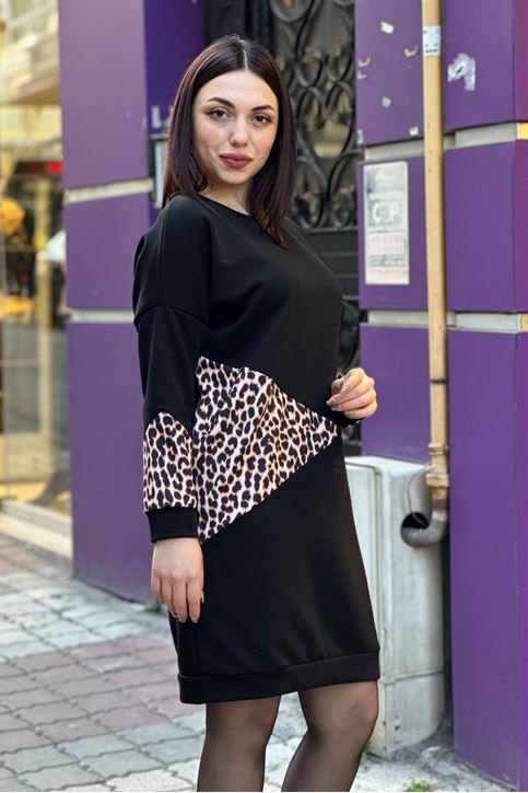 Leopar Şerit Desenli Salaş Sweat Elbise-Siyah