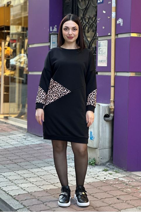 Leopar Şerit Desenli Salaş Sweat Elbise-Siyah