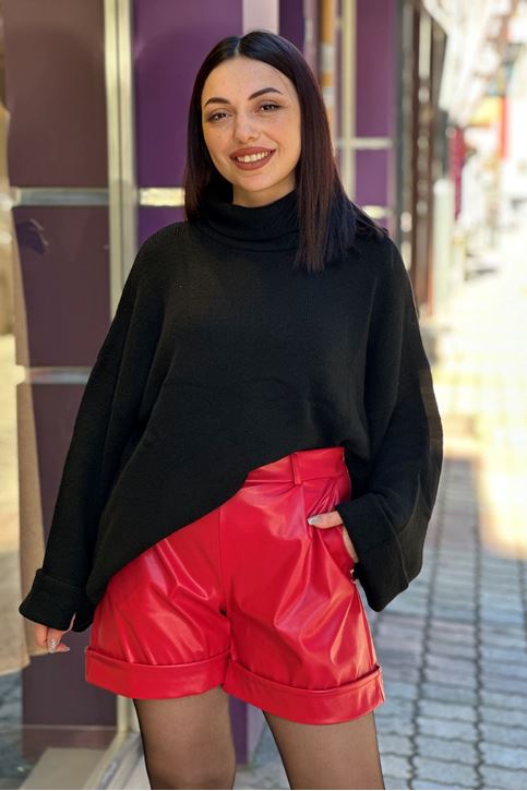 Paçası Katlamalı Yüksek Bel Cepli Deri Şort-Fuşya