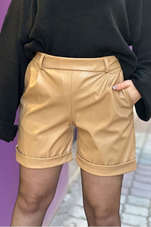 Paçası Katlamalı Yüksek Bel Cepli Deri Şort-Vizon