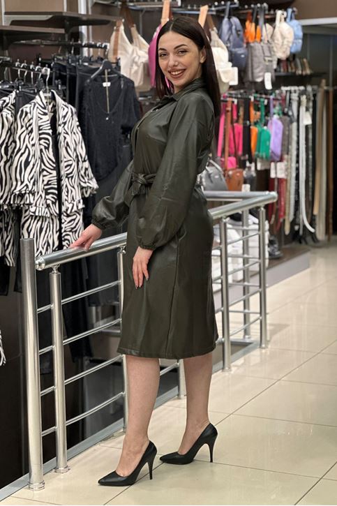 Bilekleri Lastikli Kuşaklı Deri Midi Elbise-Haki