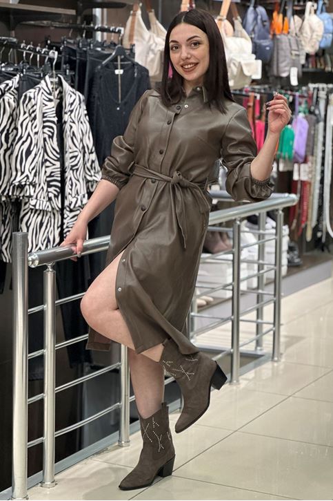 Bilekleri Lastikli Kuşaklı Deri Midi Elbise-Vizon